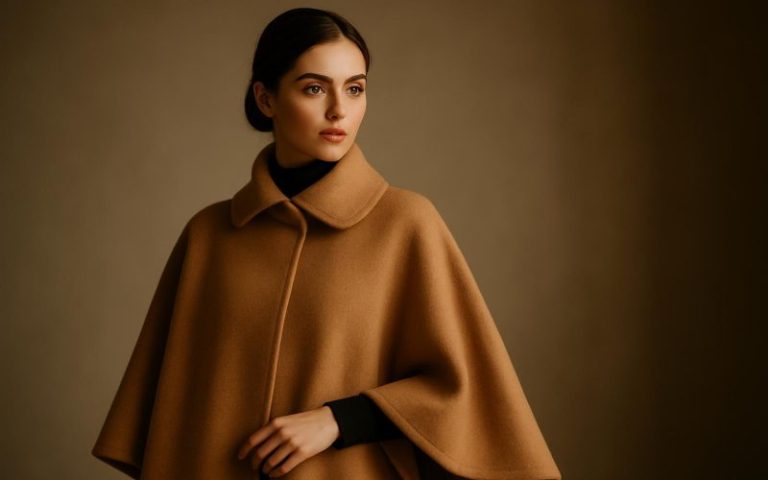 Donna con cappa sartoriale in cachemire elegante e raffinata