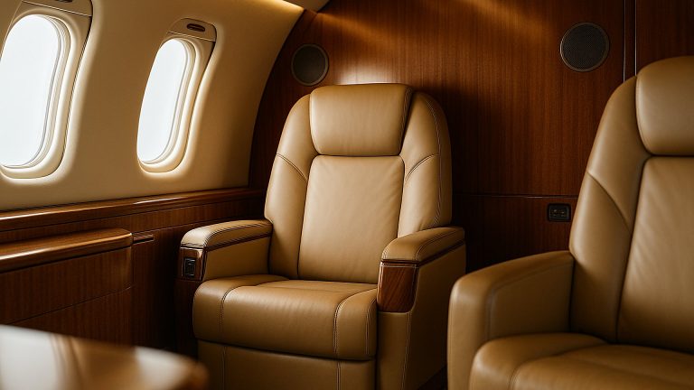 Cabina di jet privato con luce soffusa e diffusori integrati