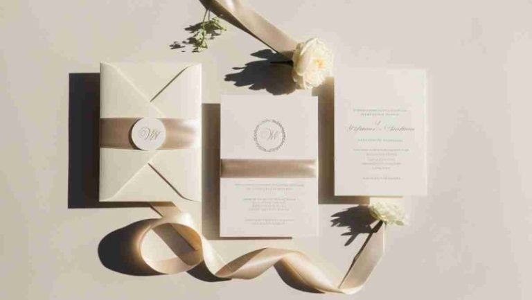Matrimonio inviti davvero memorabili: Partecipazioni di matrimonio avorio con nastro in raso e fiori bianchi, viste dall’alto.