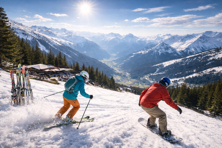 Sciatore e snowboarder su pista di montagna con neve primaverile e panorama alpino soleggiato