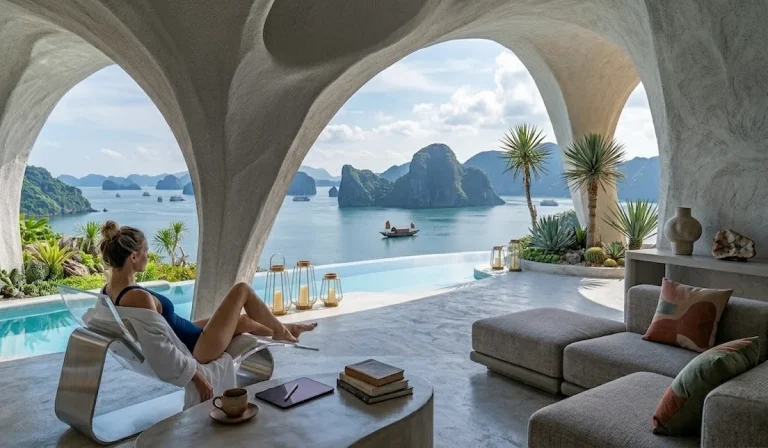 Una donna in costume da bagno intero scuro e accappatoio bianco è distesa su una moderna sedia a sdraio all'interno di una lussuosa spa dal design organico e texture in pietra chiara. Attraverso ampie aperture ad arco, la vista si apre su una piscina a sfioro e su un suggestivo panorama marittimo diurno con faraglioni e isole rocciose che emergono dall'acqua.