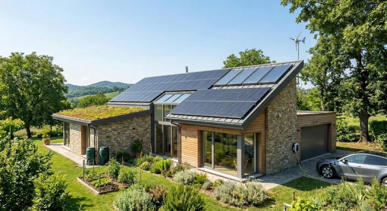 Ristrutturazione di una villetta moderna in pietra e legno con pannelli fotovoltaici, tetto verde e colonnina per auto elettrica