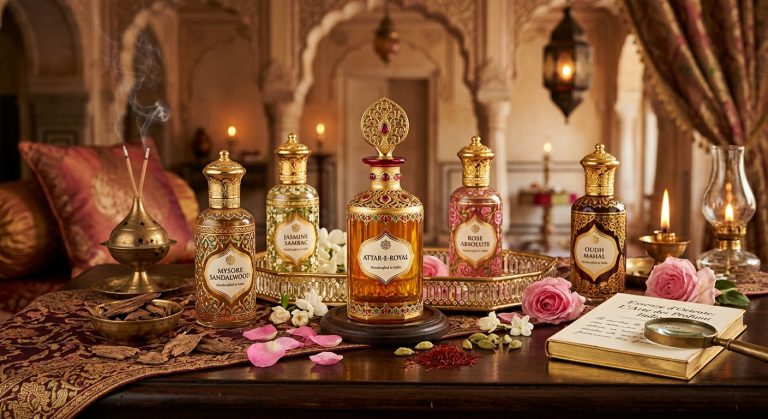 Flaconi di profumo di lusso indiano intagliati in oro e vetro decorato, circondati da petali di rosa, gelsomino Sambac e legno di sandalo in un palazzo di Jaipur.